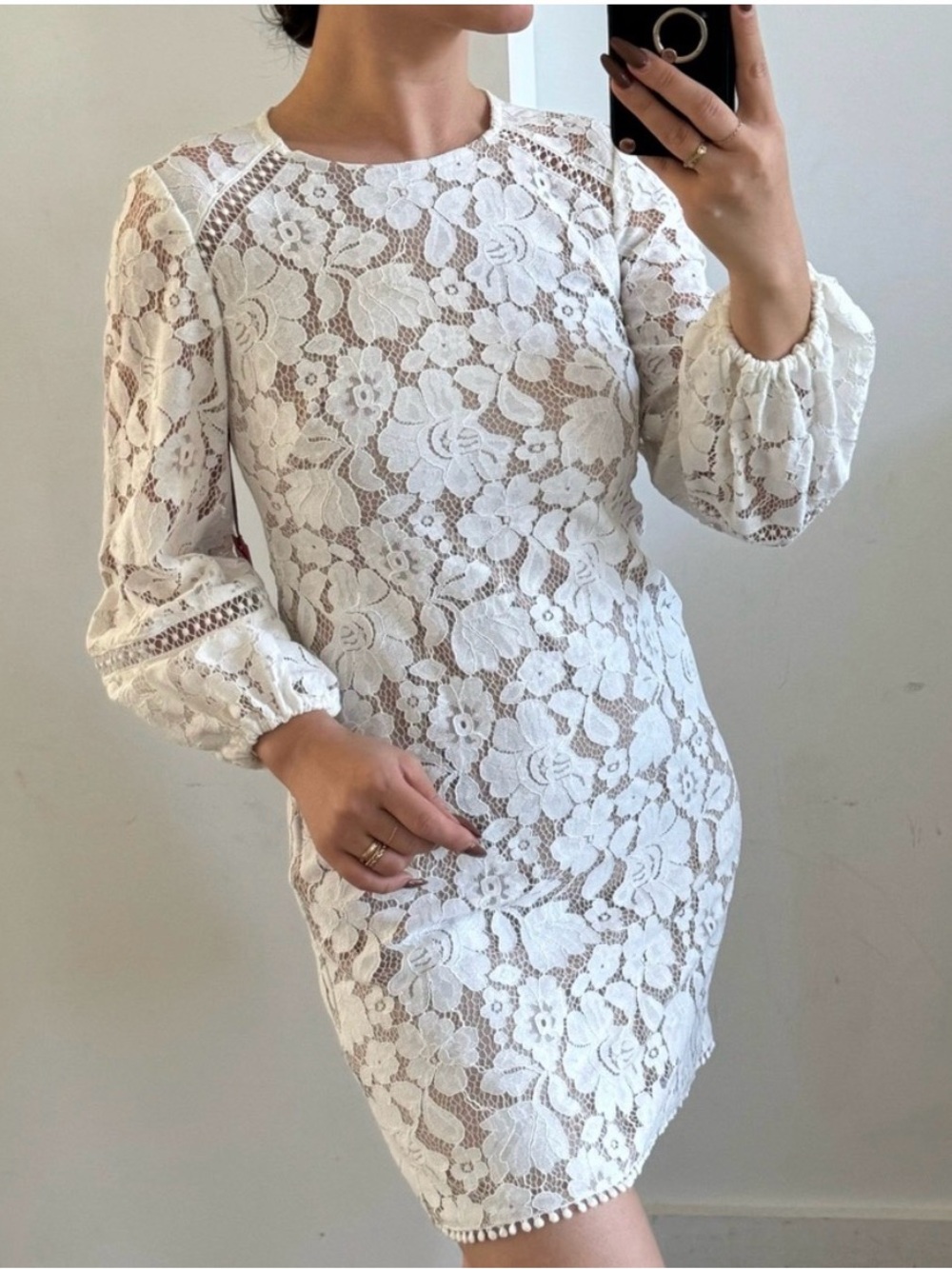 Womens Cream Lace Mini shift Dress with Balloon Sleeves Vince Camuto, flower